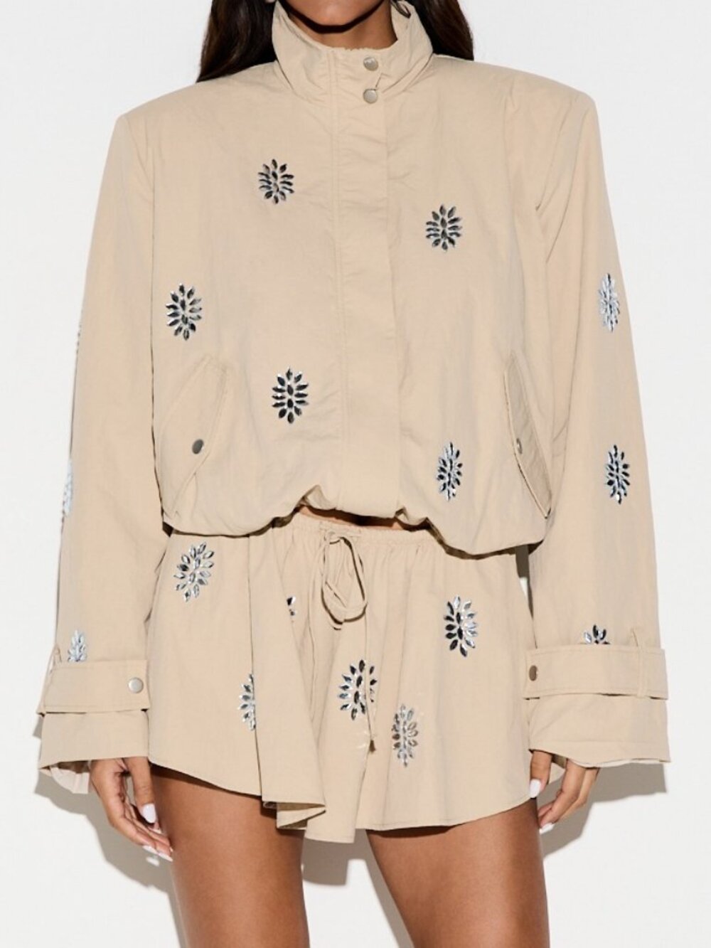Khaki Oversized Utility Jacket With Rhinestone - Picture 3 of 5